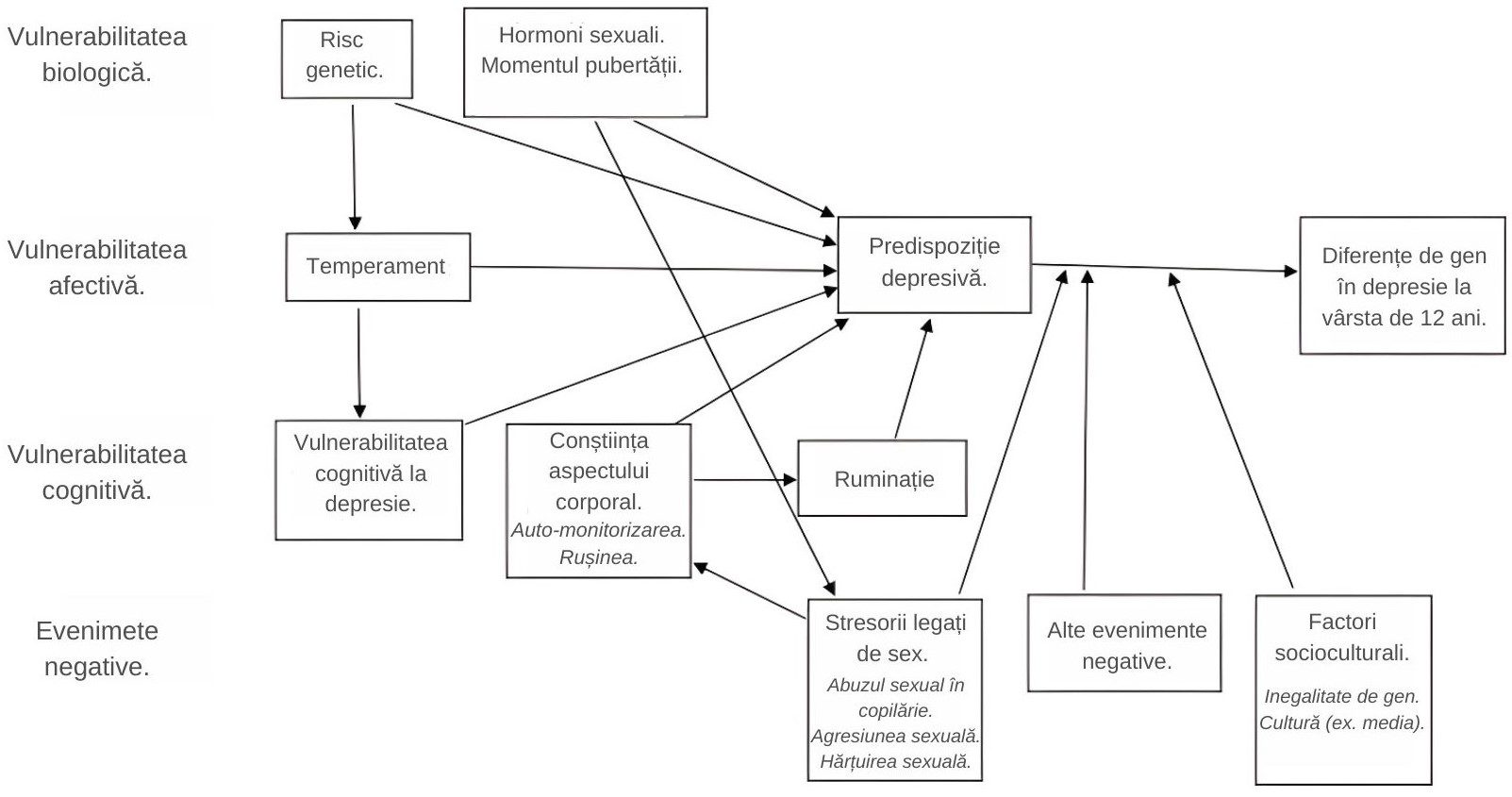 Figura 1. Modelul ABC al diferențelor de gen în depresie (actualizat din Hyde, Mezulis și Abramson, 2008). Figura 1. Modelul ABC al diferențelor de gen în depresie (actualizat din Hyde, Mezulis și Abramson, 2008).