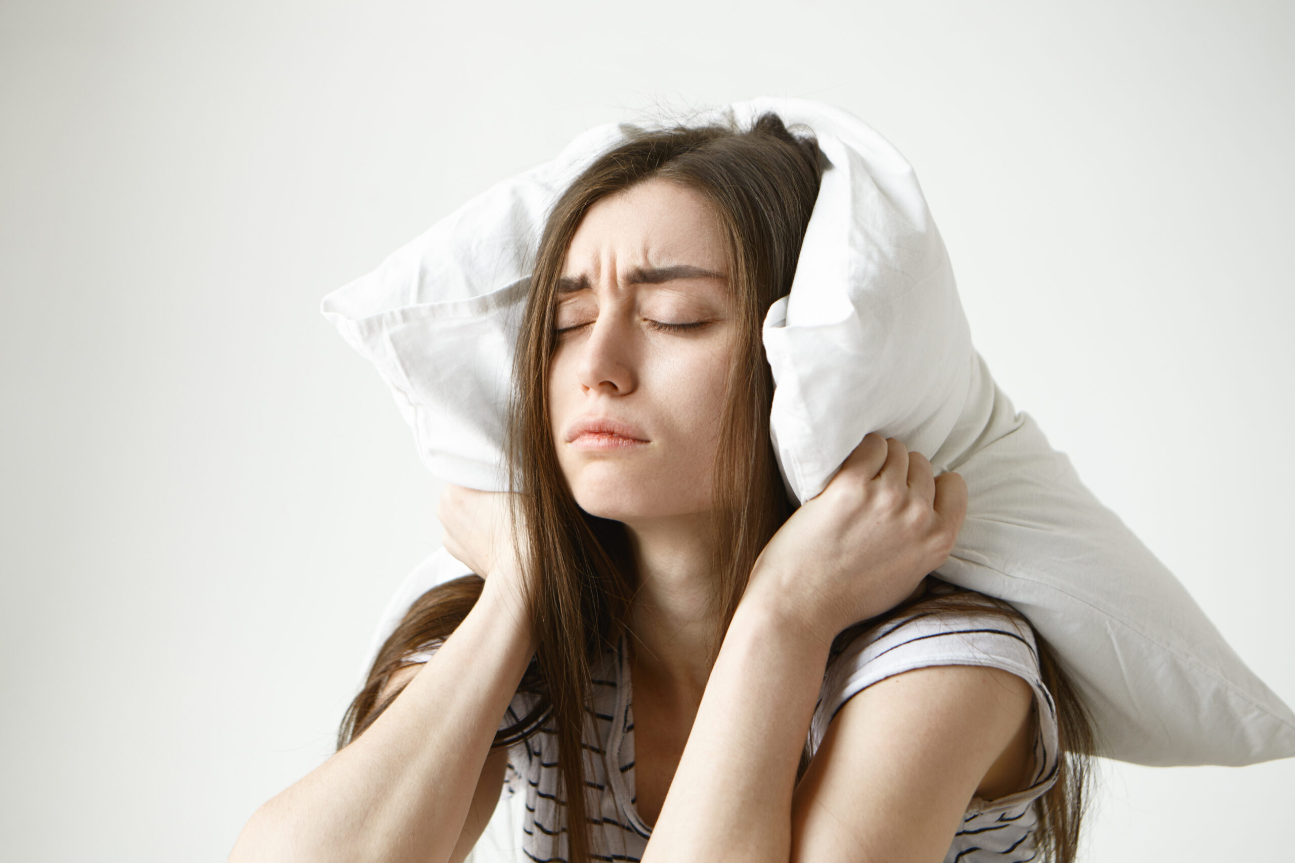 Pretty Student Woman Striped T Shirt Trying Have Some Sleep Sitting Bedroom With Pillow Her Head Closing Eyes Scaled