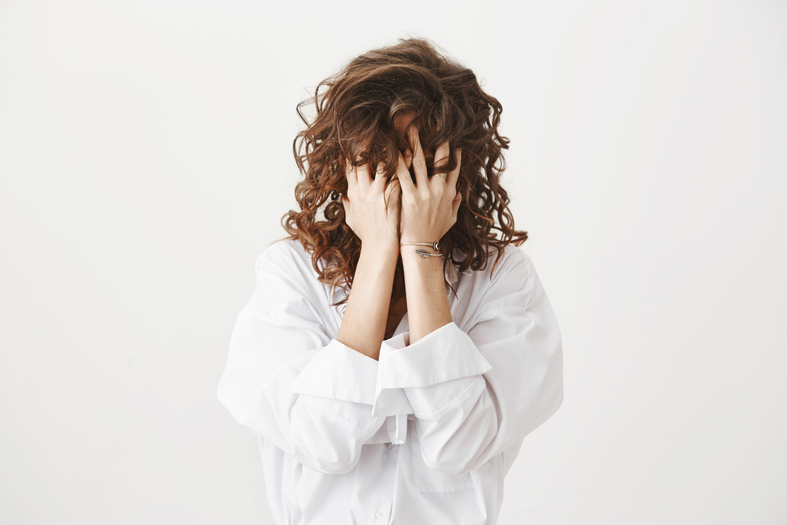 Troubled Distressed Woman Press Hands Palms Scaled